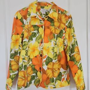 Coldwater Creek Cotton‎ Jacket Bright Floral Hibiscus Fun Pockets Size MED.